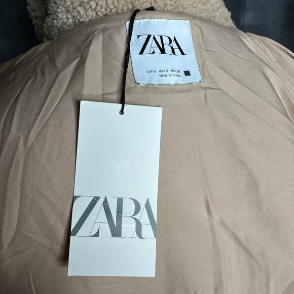 ZARA Teddy Sherpa Bomber Jacket Women's Size Small NWT Tan Brown Cozy Fleece - Picture 6 of 9